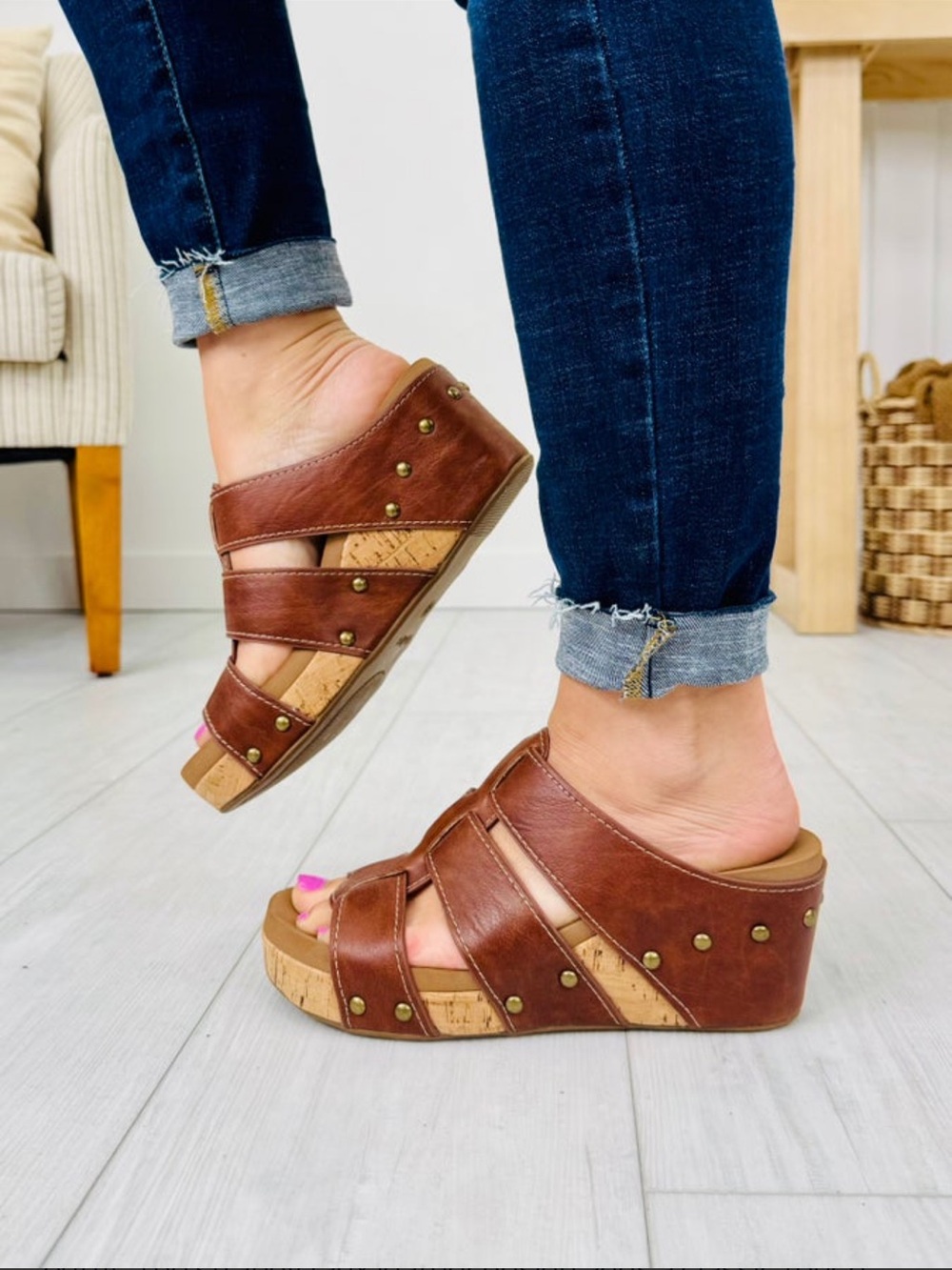 Corkys Brown Strappy Cork Wedge Slide Sandals